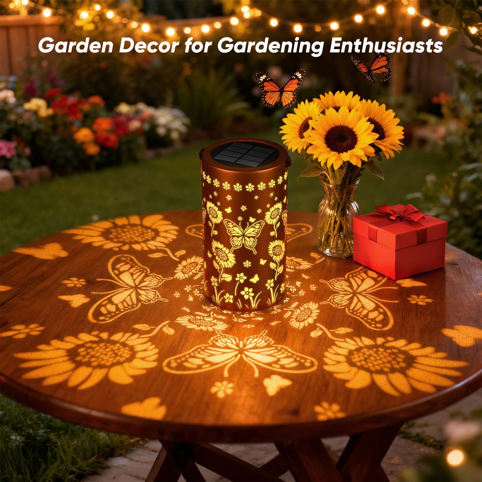 Lanterne solari impermeabili per esterni, lanterna decorativa con motivo girasole e farfalle, per giardino, patio, cortile, regalo da donna per proprietari di case e coppie, confezione da 2