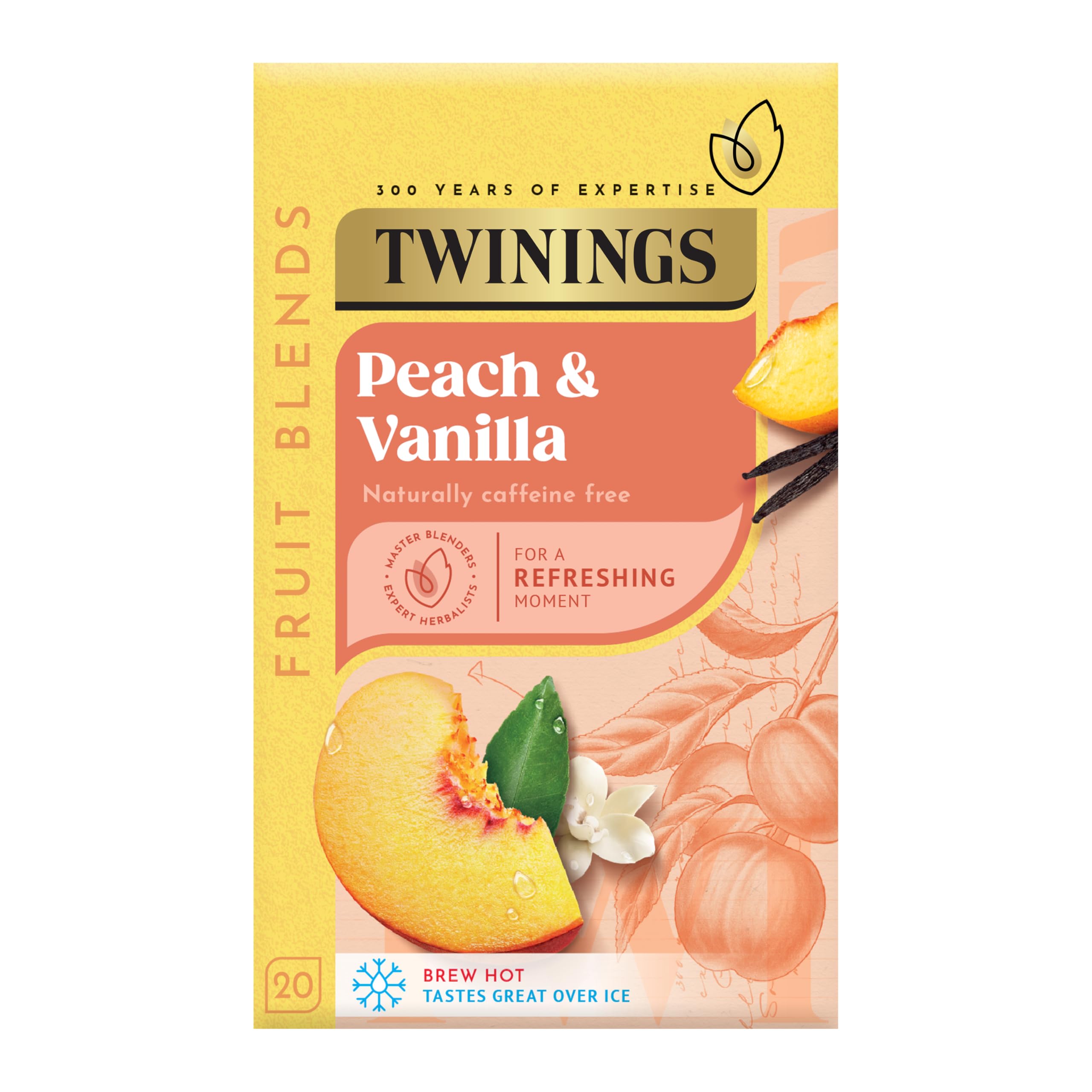 Twinings Peach and Vanilla Herbal Infusion. 20 tea bags. Sweet, Velvety, Indulgent Caffeine Free