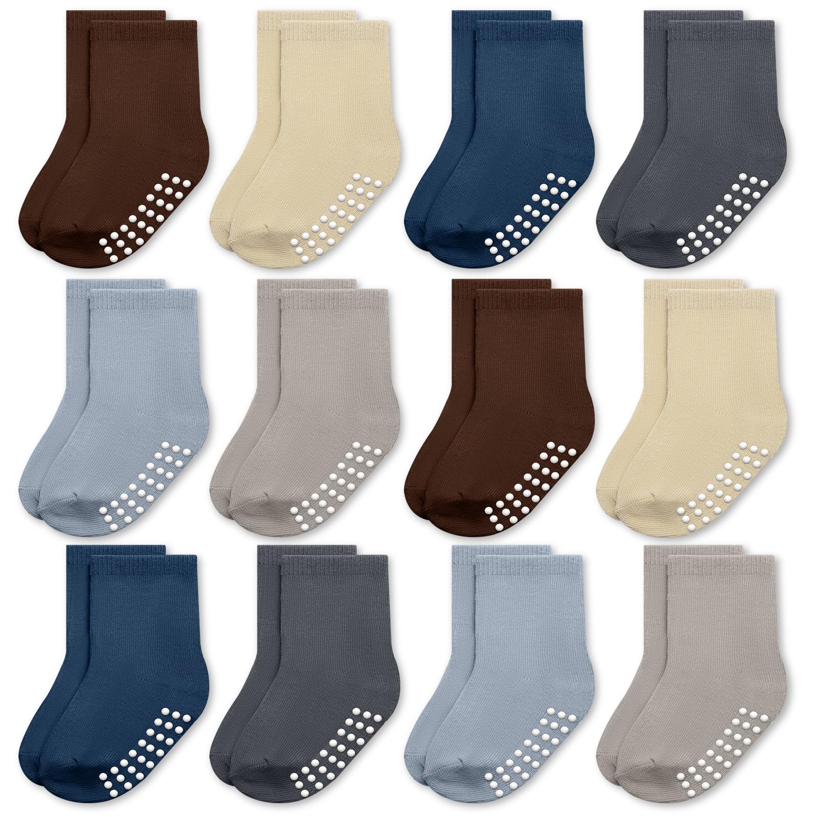 JAKIDAR Paquete de 12 calcetines de bebé para niños pequeños, de algodón antideslizante, calcetines tripulados para niños, niñas, bebés y niños, marrón, azul índigo, Haze Caqui, gris, 12-24 meses