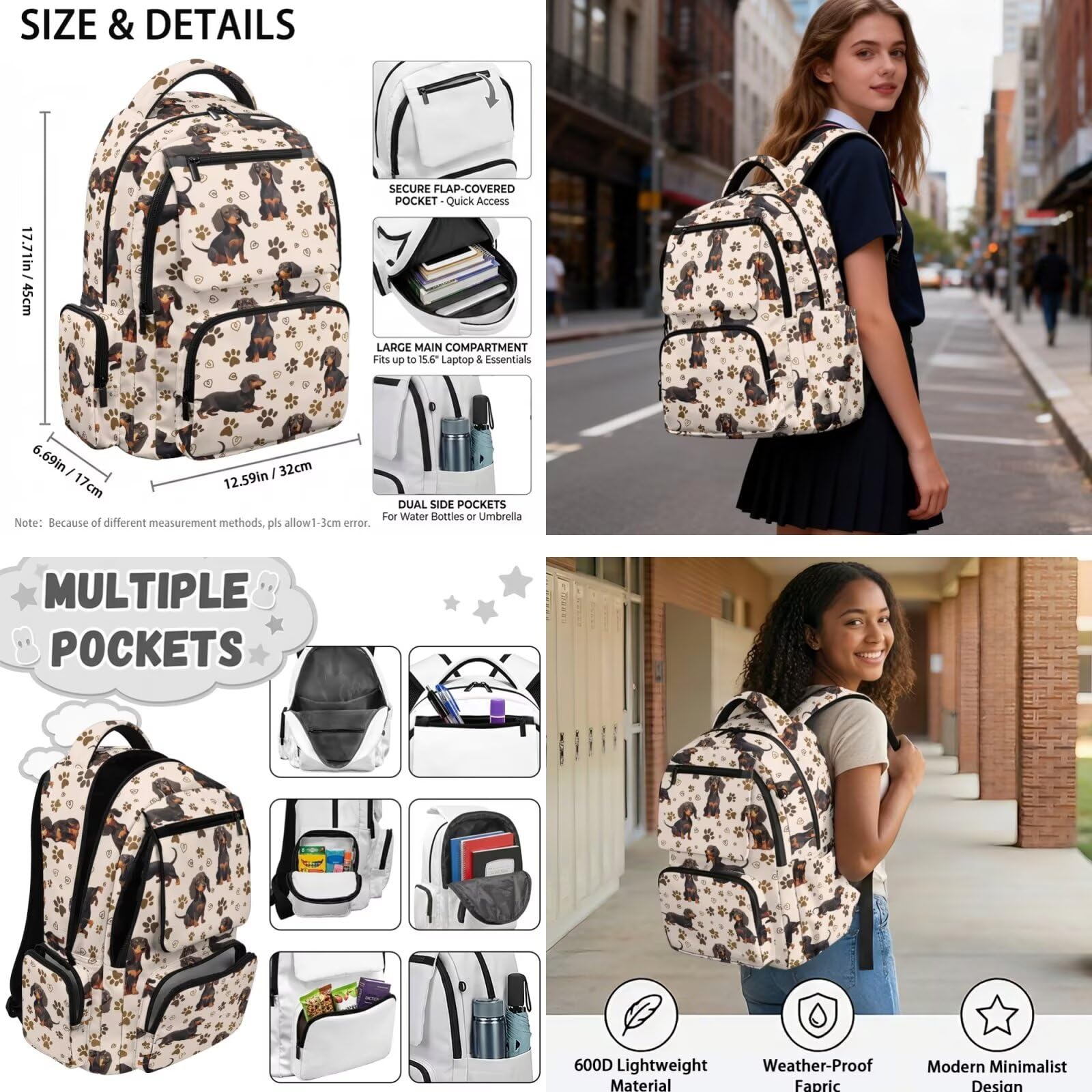 COEQINE 5 x Rucksack für die Schule 3. Klasse Jungen Grundschule Rucksäcke passend für 17 Zoll Laptop Federmäppchen Schlüsselanhänger, Dackel Beige Pfotenabdruck, M, Casual