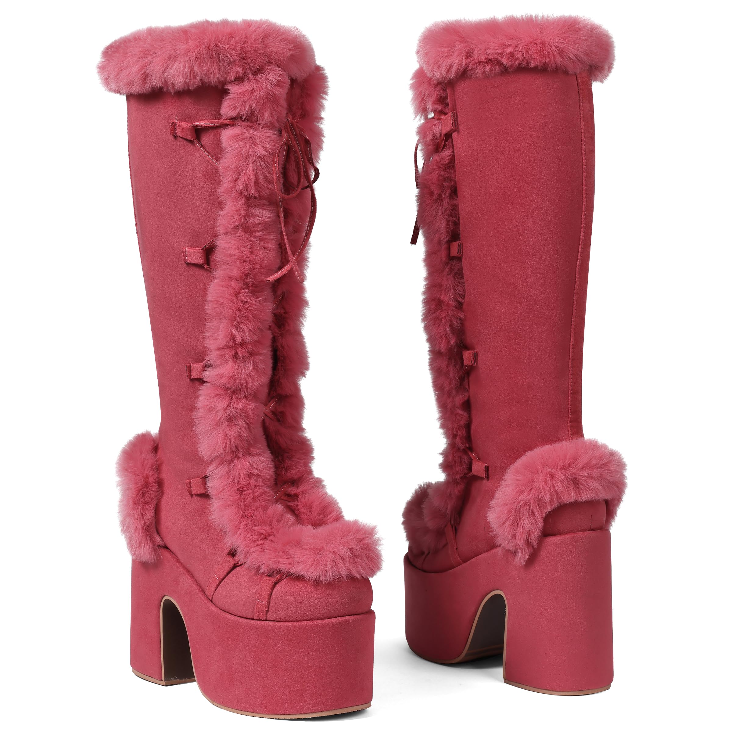 CELNEPHO Knee High Boots For Womens Side Zipper Warm Faux Fur Platform Chunky Heel Punk Goth Walking Winter Snow Boots: 5.5 Red