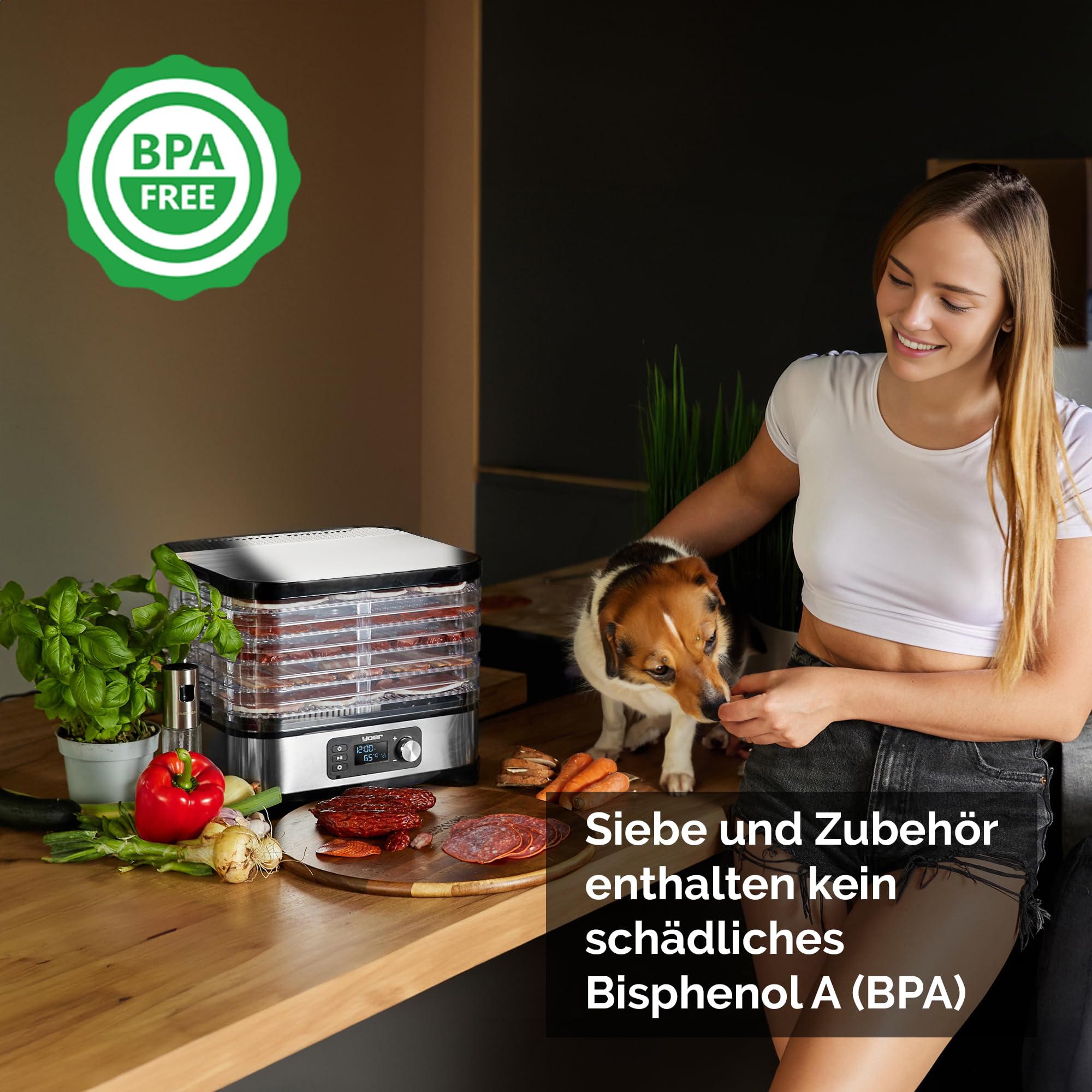 Yoer Dörrautomat Edelstahl, Dörrgerät mit 6 Einlegefächern, 35-70°C, 4725 cm2, 24h Timer, Dehydrator, 450W, Beef jerky, Obst, Kräutertrockner, Müsliriegel, LED-Anzeige, VitaSave FD01S