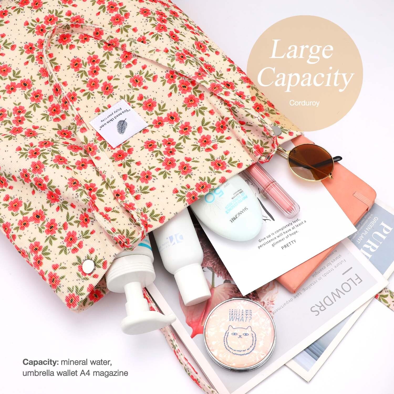 LHMTQVK Corduroy Tote Bags for Women Large Capacity Corduroy Bag Reusable Grocery Shoulder Bag with Inner Pockets, Floret, L - Image 3