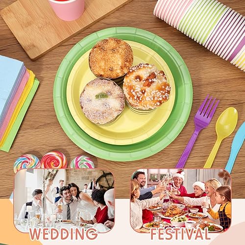 Miniatura 3 de Suclain El juego de vajilla desechable de 350 piezas de arcoíris incluye 100 platos de 7 pulgadas, 9 pulgadas, 50 vasos de papel, 50 tenedores de