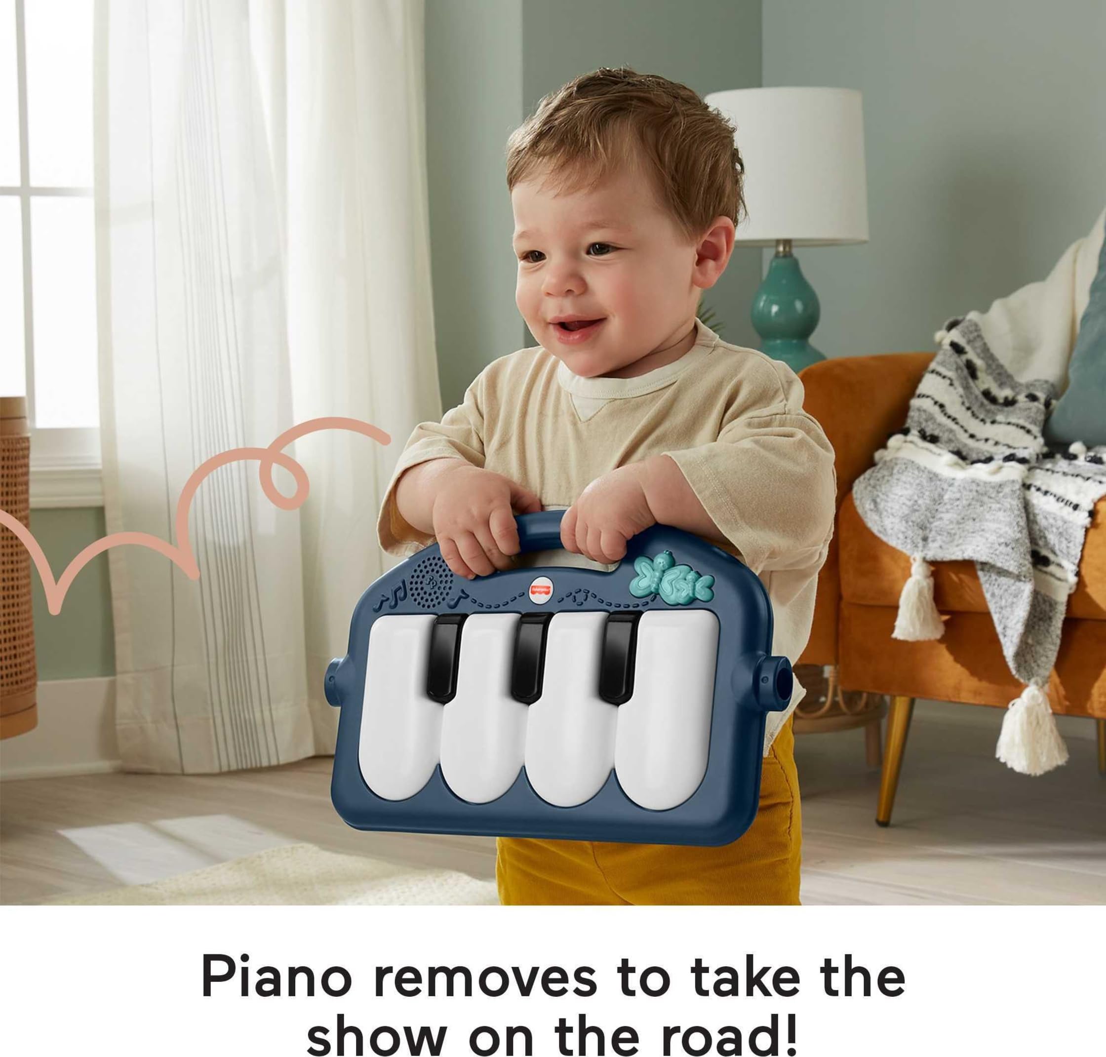 Fisher-Price Gimnasio-Piano pataditas Alfombra de Juego para bebés con Juguetes Musicales y sensoriales para recién Nacidos y niños pequeños, Azul Marino y Beige, JMN75