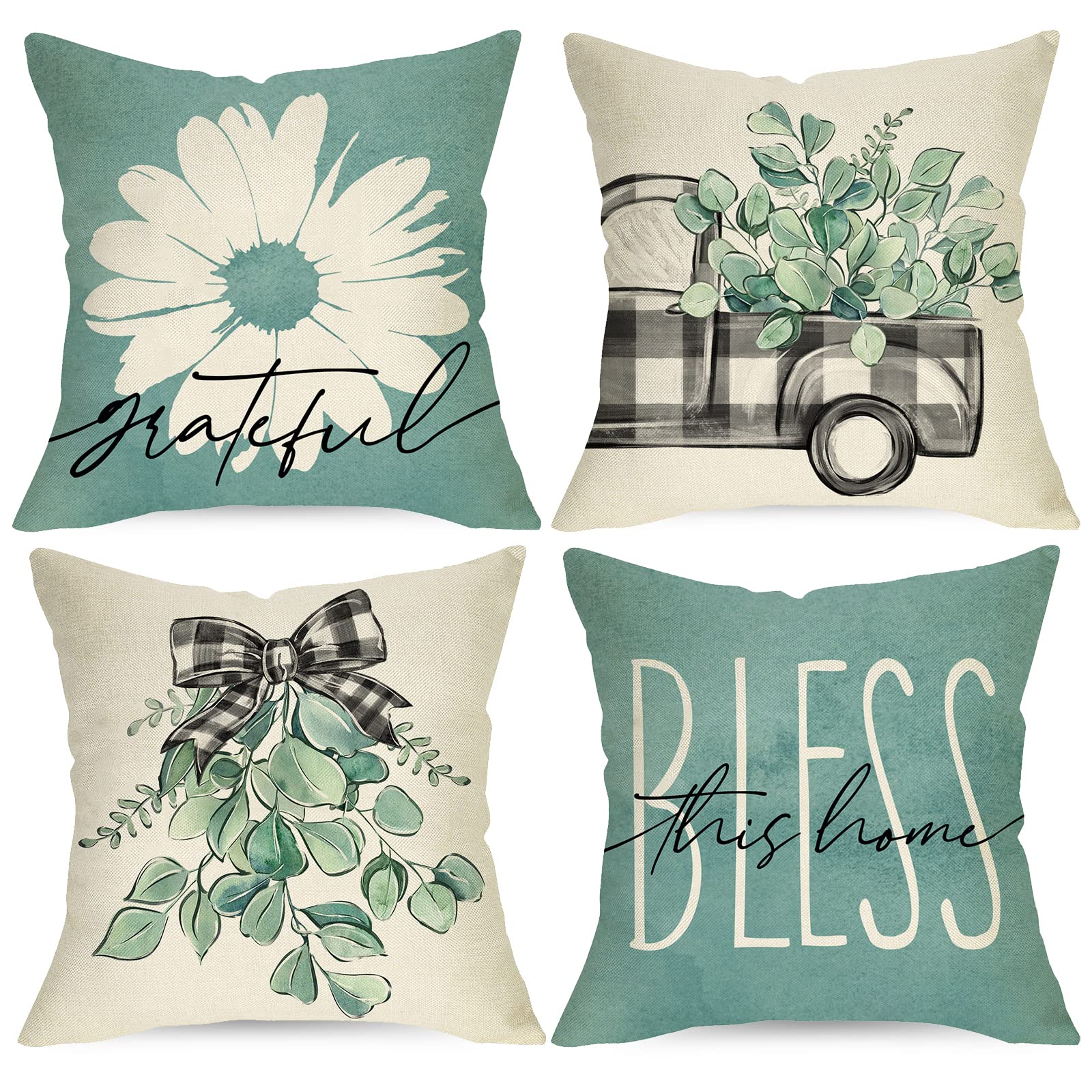 Spring Summer Eucalyptus Leaves Daisy Decorative Throw Pillow Covers 16 x 16 Set of 4, Buffalo Plaid Truck Farmhouse Sage Green Cushion Case Decor, Bless Home Seasonal Decoration for Sofa Couch