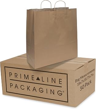 Prime Line Packaging Brown Paper Bags, Kraft Bags Extra Large with Handles for Small Business, Shopping, Boutique, Grocery, Retail, Bulk, 18x7x18.75, 50 Pack