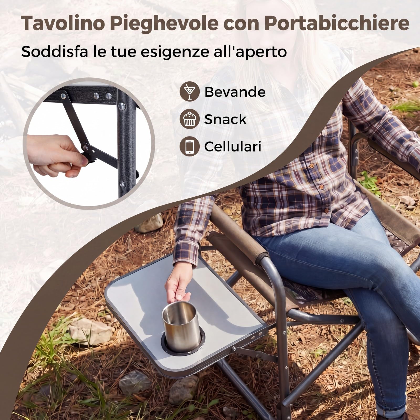 COSTWAY Sedia da Regista Imbottita con Tavolino, Ampio Sedile, Braccioli e Schienale, Sedia da Campeggio Pieghevole con Telaio Metallico per Eventi Sportivi e Pesca, Portata 180 kg (Mimetico)