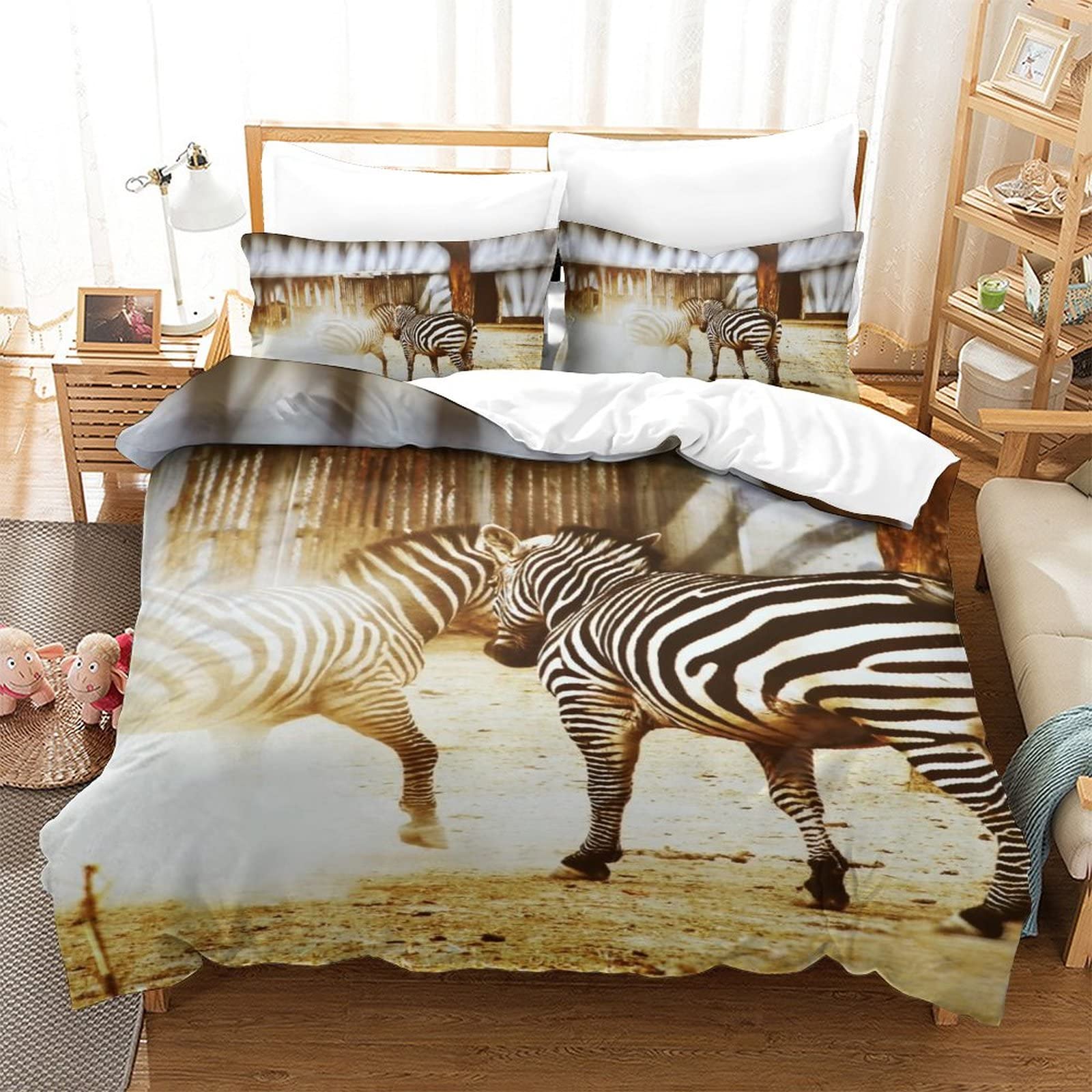 Housse de couette zèbre 3D 135x200cm parure de lit 3 pièces