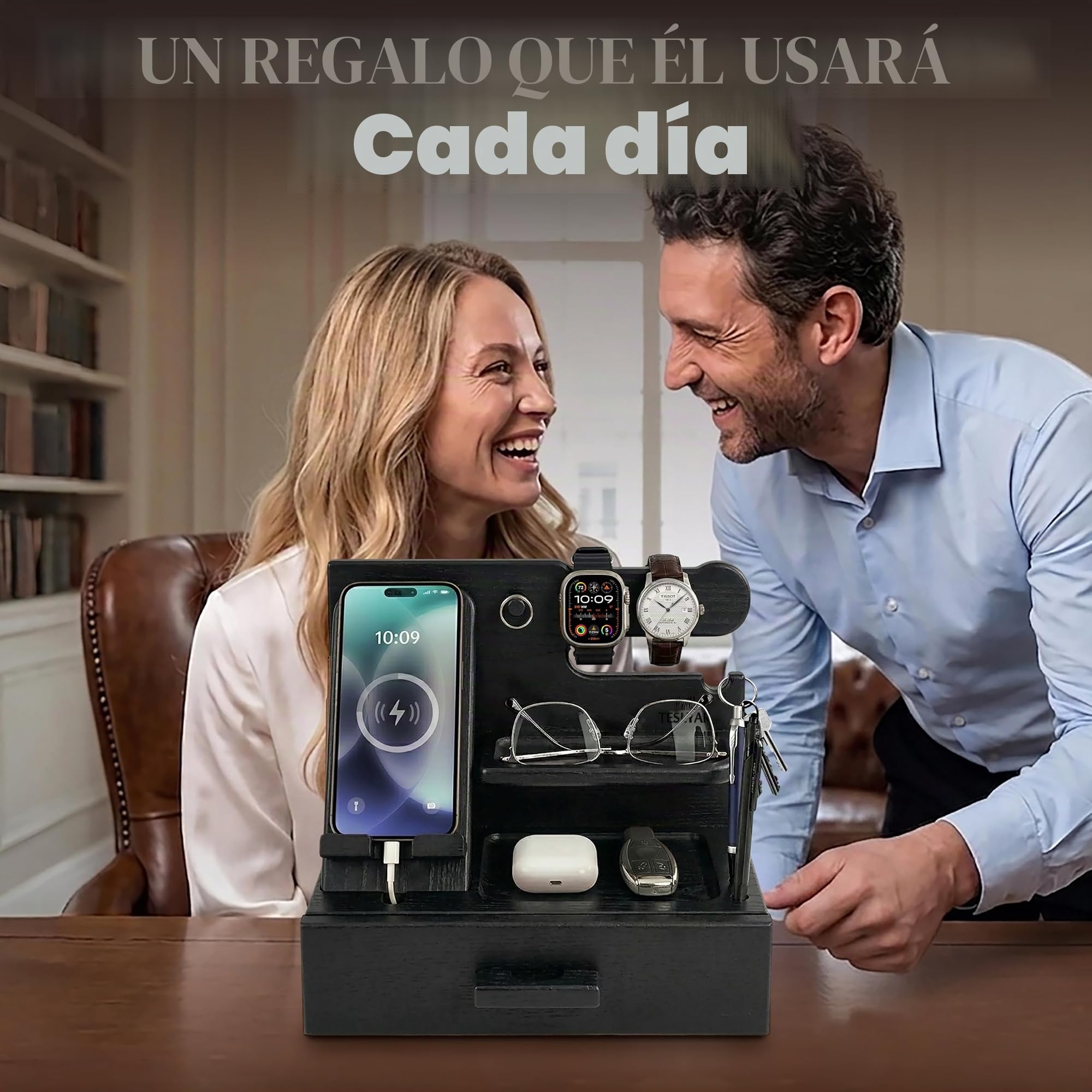 TESLYAR Estación de Acoplamiento de Madera para Teléfono con Cajón Organizador de Escritorio para Marido Regalos de Cumpleaños para Hombres Papá Regalo Padre Dia del Padre Regalos