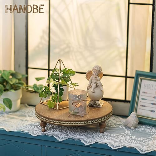 Miniatura 3 de Hanobe Elevadores redondos de madera soporte de pedestal de madera con cuentas para decoración del hogar, bandejas decorativas marrones para