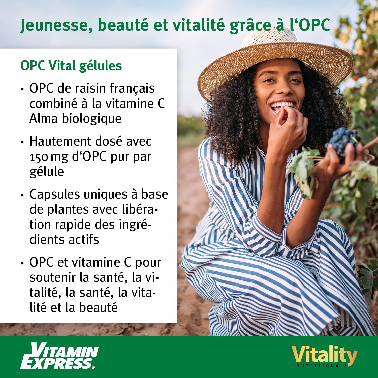 OPC, Extrait de Pépins de Raisin 150 mg et Vitamine C. Issu Raisins Français Premium. Testé en Laboratoire, 60 Gélules. Anti-âge, Antioxydants. Sans Additif. Vitality Nutritionals by VitaminExpress