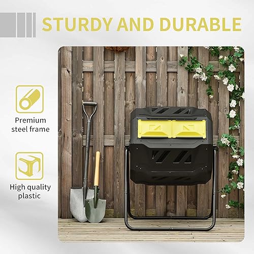 Miniatura 6 de Outsunny Cubo de compostaje giratorio de doble cámara 360° para exteriores, 43 galones, amarillo Negro -,Naranja,Amarillo,Verde,Gris,claro