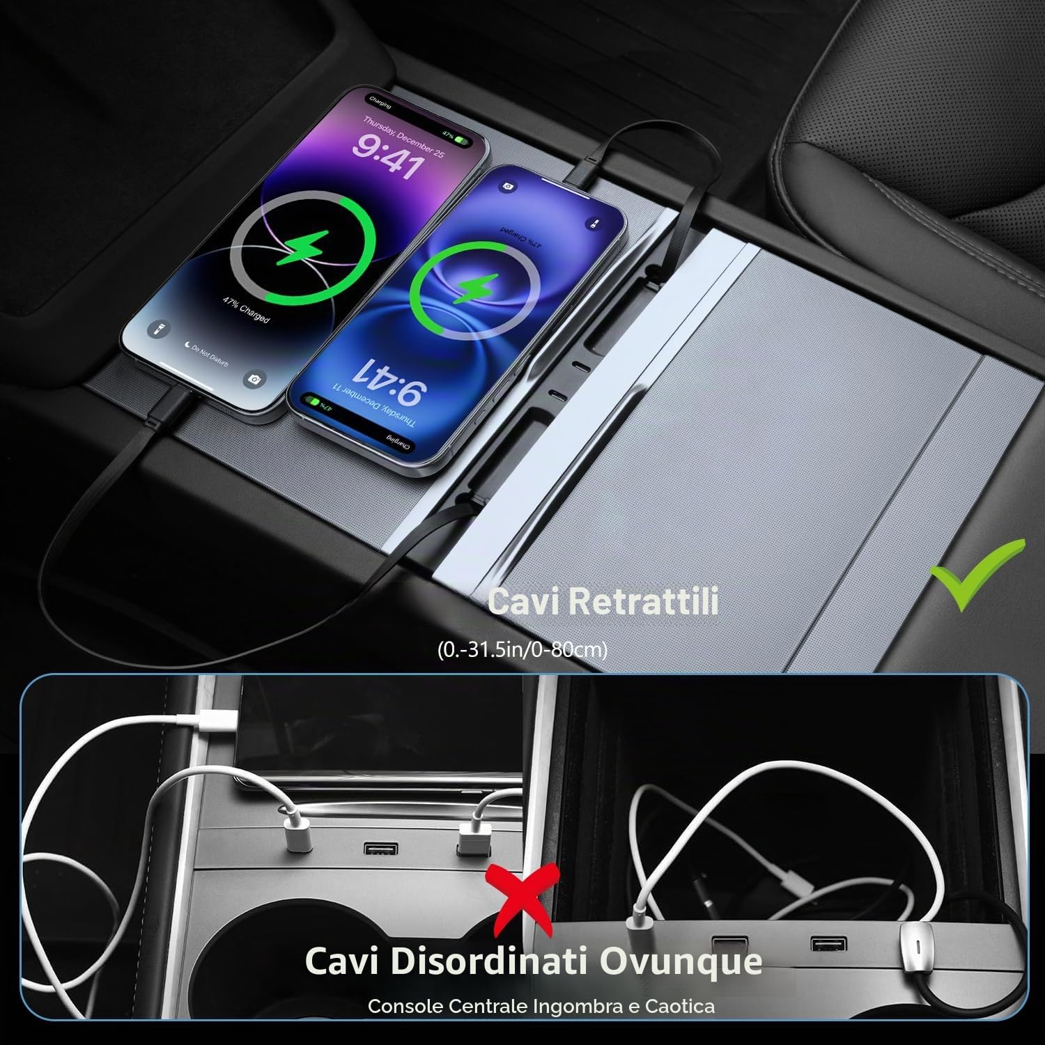 Dotato di Due Cavi Dati Retrattili Type-C for Tesla Model Y Juniper 2025 2026 Model 3 Highland 2024 2025, Cavo Retrattile con Ricarica Super Rapida da 45W per Adattatore Console Centrale TESLA