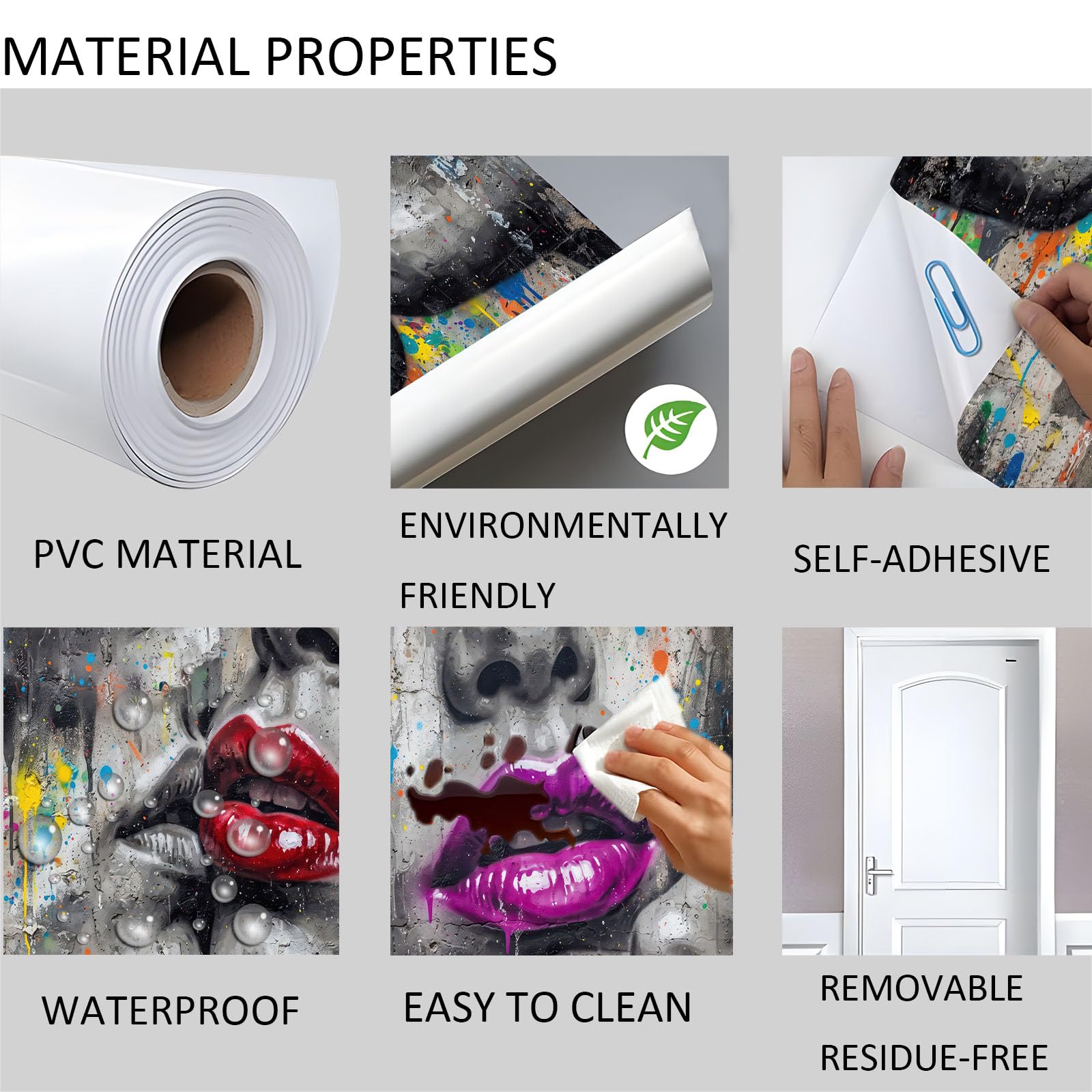 Papel pintado autoadhesivo para puerta de graffiti, 90 x 200 cm, 3D para salón, baño, gris, resistente al agua, póster para puerta, película americana, calle americana, labios brillantes, pintura en