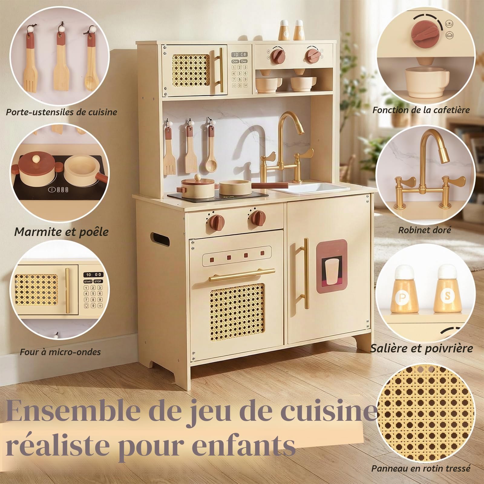 WOODENFUN Cuisine Jeu rétro crème Bois Micro-Ondes Four évier, Jeu de rôle 3 Ans(Jaune)