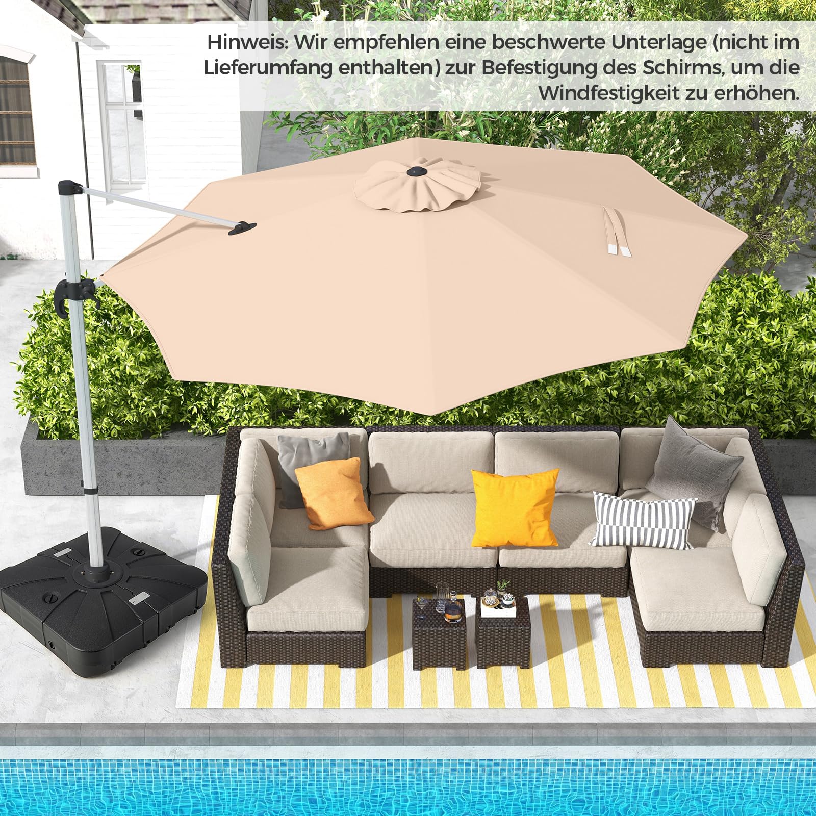 COSTWAY Parasol przeciwsłoneczny Ø 330 cm, z korbą, obracany o 360°, regulowany kąt nachylenia, UPF 50+, parasol ogrodowy, parasol tarasowy, do ogrodu, na taras, balkon, beżowy, 330 cm