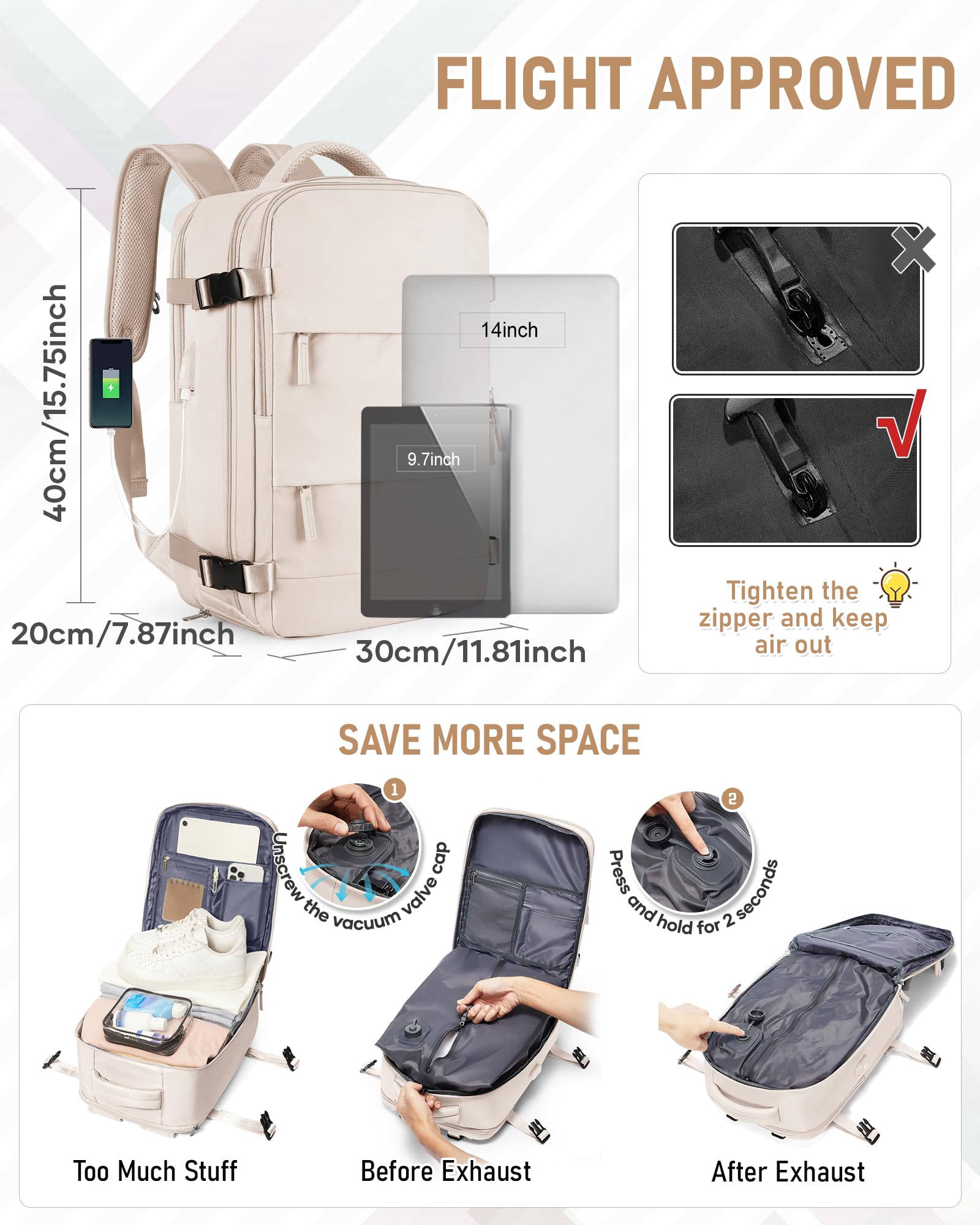 SZLX Mochila al Vacio con Bomba Equipaje de Mano 40x30x20 Ryanair Vueling Wizzair Mochila Viaje Cabina Avion 40x20x25 Mujer Bolsas de Viaje Hombre Maletas de Viaje con Compartimento para zapatos