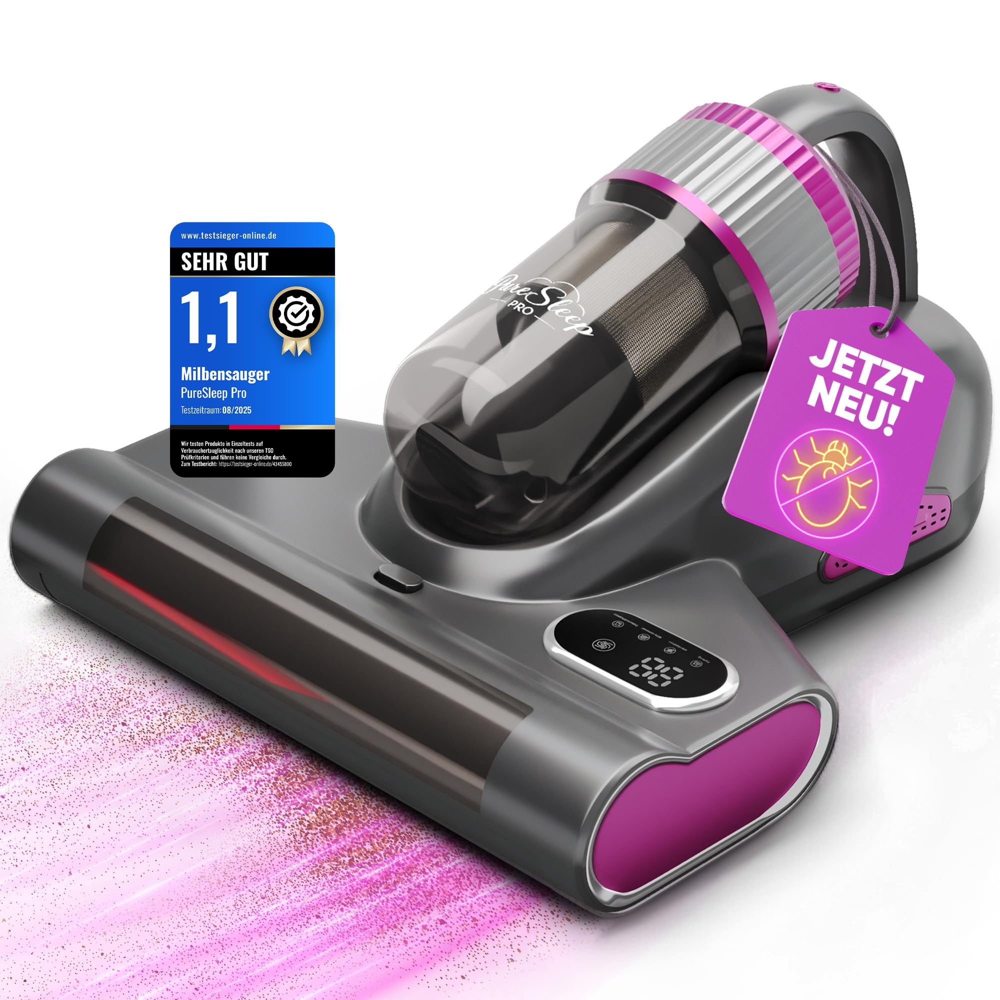 Milbensauger für Matratzen 3-in-1, UV-Licht, 10.000 Pa Saugkraft, XL-Akku 3500 mAh extra lange Laufzeit, Warmluft, Kabellos, HEPA Filter, 99,9 % Milbenentfernung für Bett, Sofa & Allergiker, GrauXL