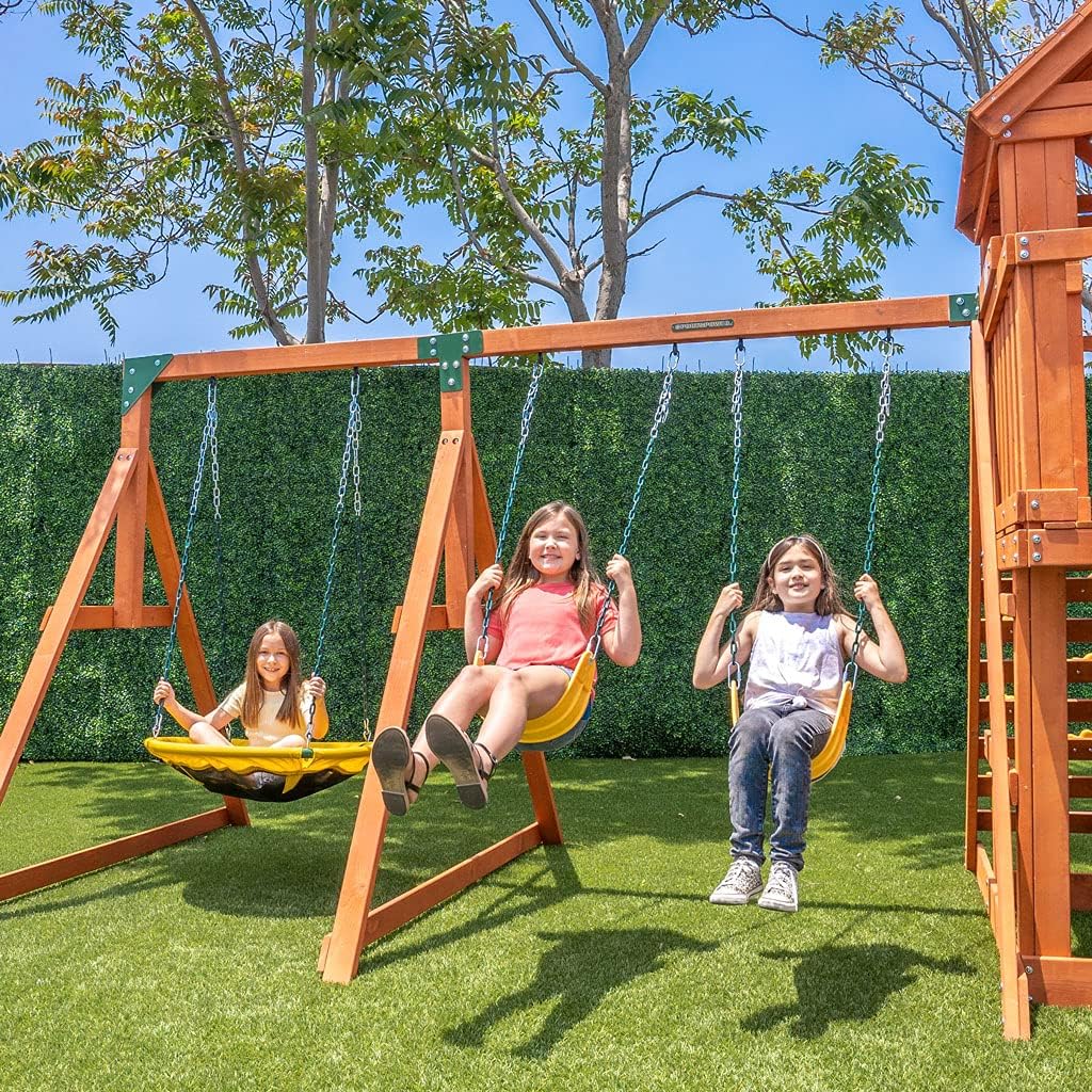 Sportspower Sandalwood Wood Swing Set with 3 Swings and Slide, Brown/Green/Yellow (WP-752R) : Everything Else