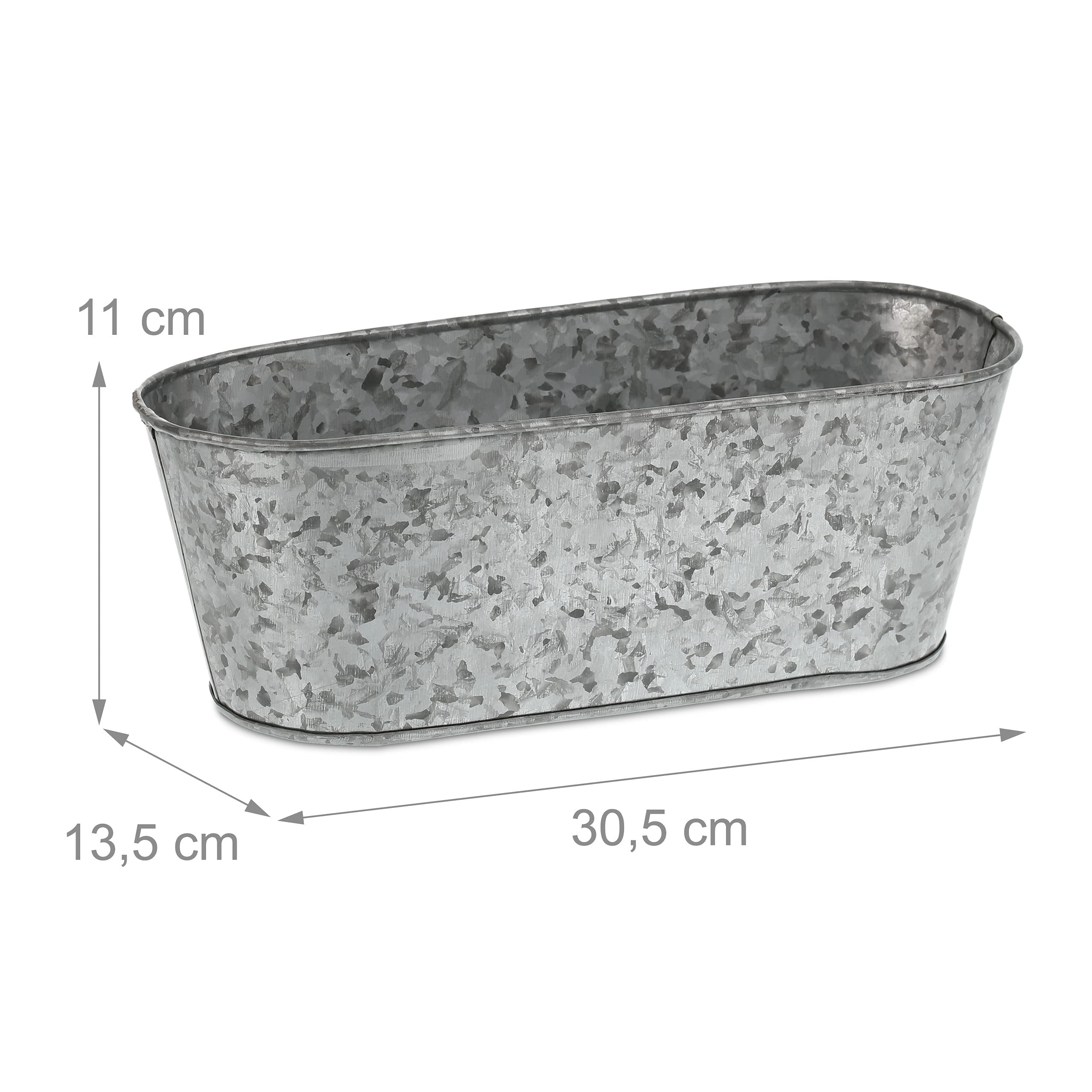 Relaxdays Set 6 Jardineras de Zinc, Macetas Galvanizadas, Maceterios Hierro Ovalados Exterior, 11x30,5x13,5 cm, Plateado