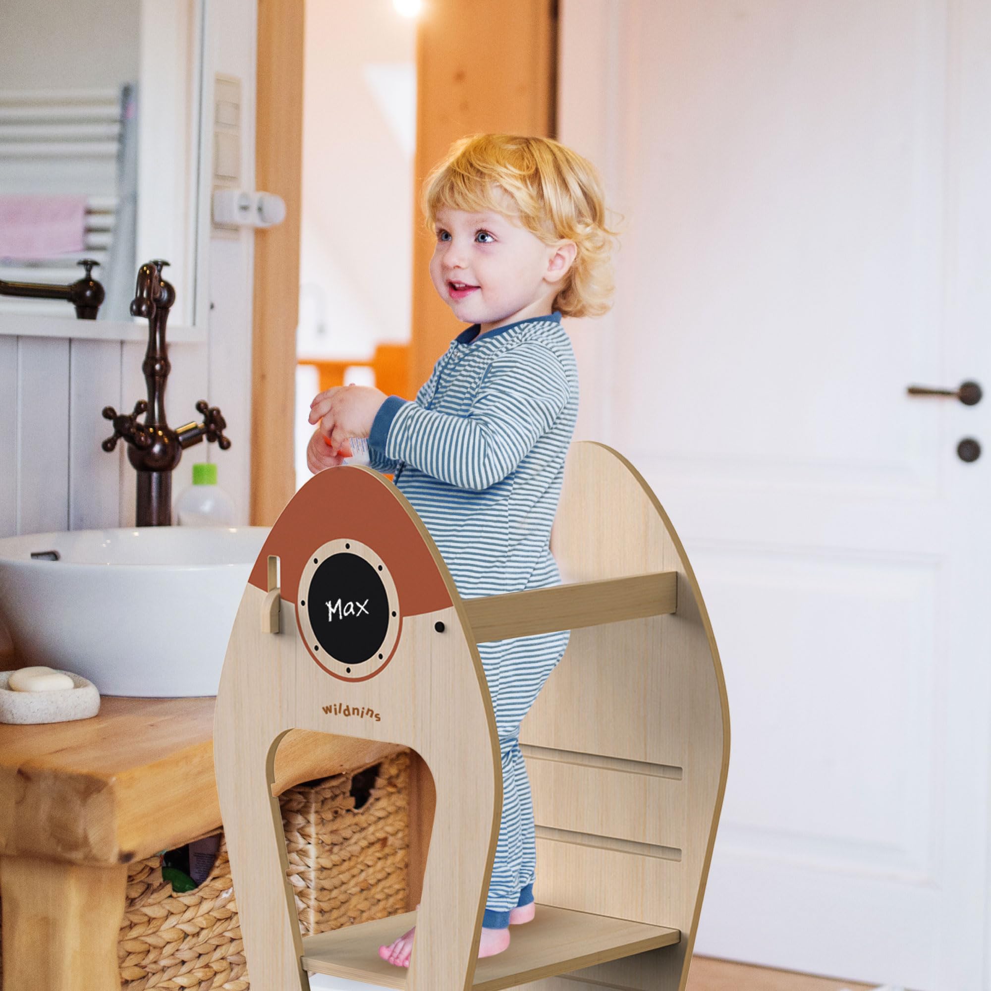 Torre de Aprendizaje Montessori Infantil – Taburete de Madera en Forma de Cohete para Bebés y Niños – Rocket Tower