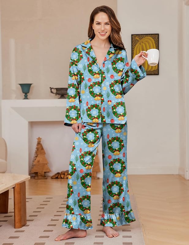 Ekouaer Satin Pajamas Blue Christmas – MATERIAL:Womens pajamas set is made of 95% polyester