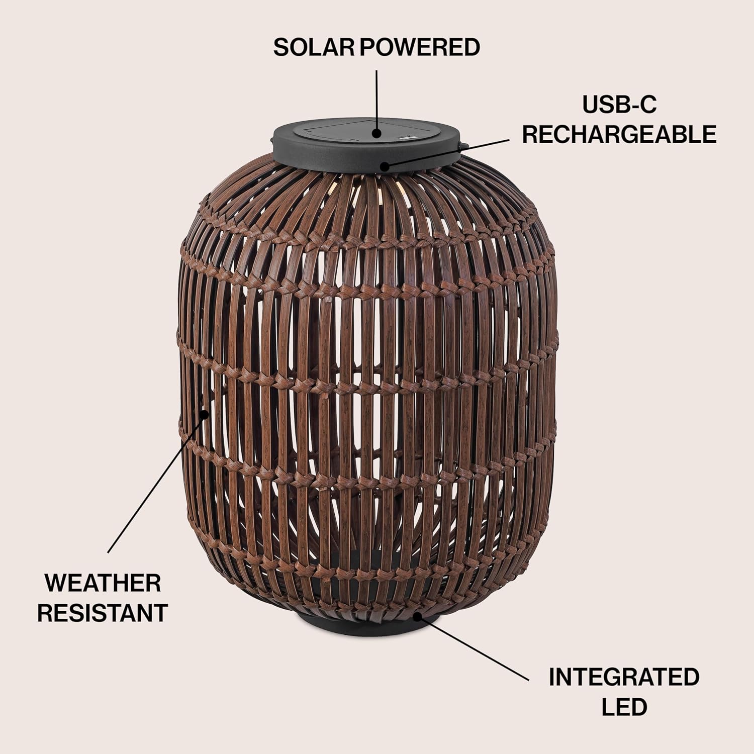 JONATHAN Y 20.5"x 16" Dark Brown/Black Modern Outdoor Solar Lantern, LED Rechargeable Floor Lamp for Patio, Dark Brown Faux Rattan Shade, Bohemian Decor JYL2600A