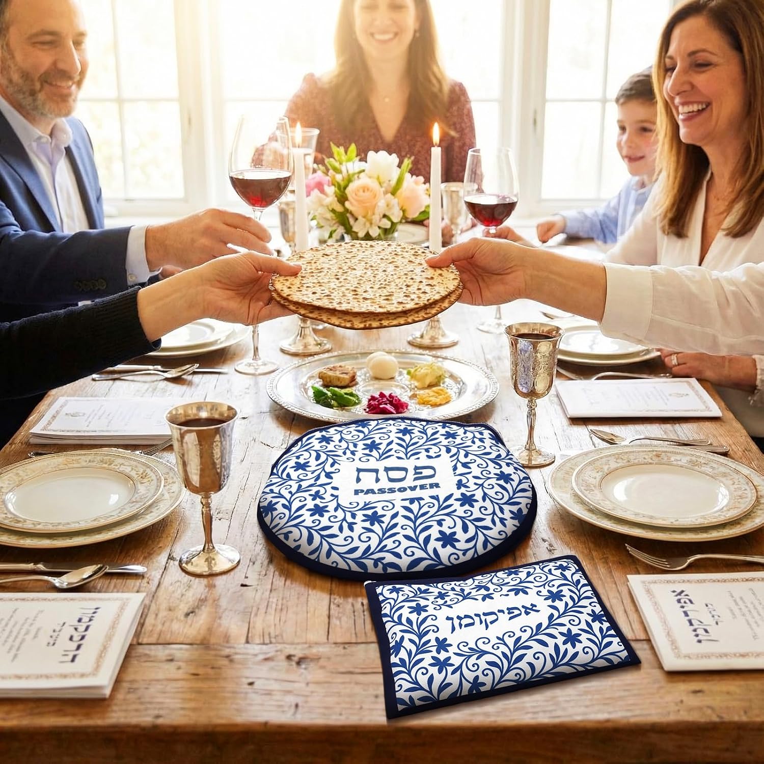 Mindsoft 2 Pcs Passover Afikoman Bags Set Passover Seder Afikomen Holder Rustic Matzah Afikoman Cover Bags with 3 Layers Compartment for Pesach Jewish Decor Party Favor Gifts(Embroidered Style)