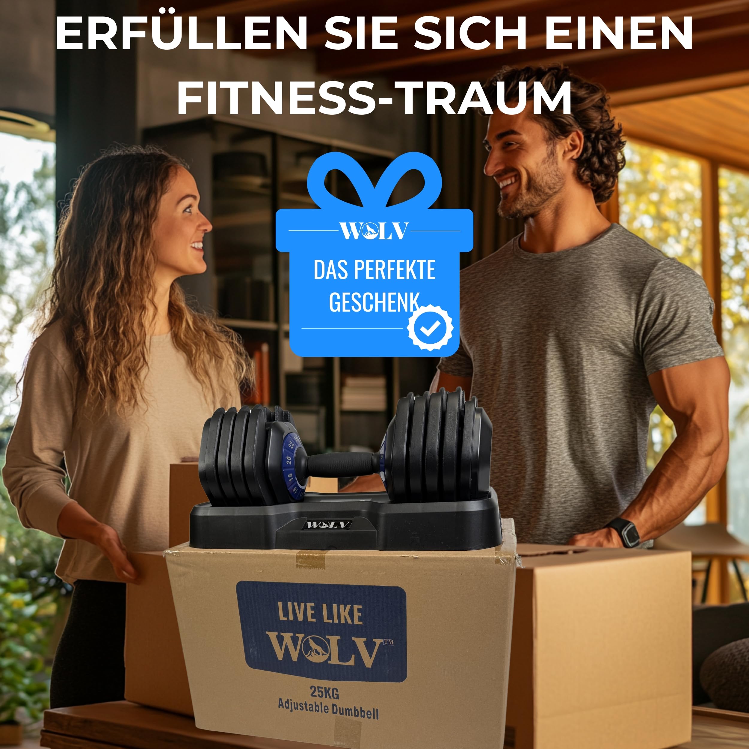 WOLV 25kg Verstellbare Hanteln – Einstellbare Hantel mit 10 Gewichtsstufen, Platzsparendes Design, Hanteln mit rutschfestem Griff, Perfekt für Zuhause, Fitnessstudio & Krafttraining