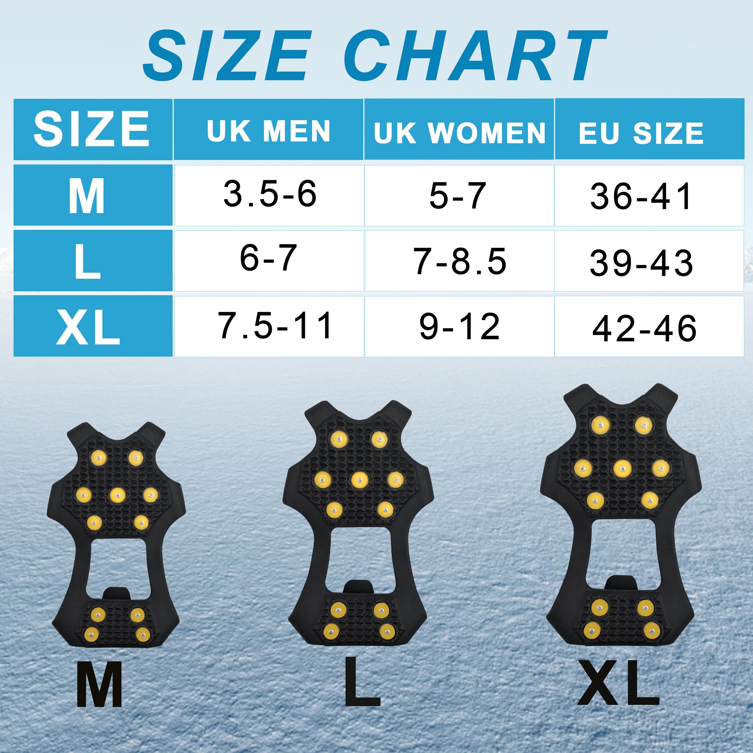 SHADDOCK Ice Snow Grips Traction Cleats 11 Studs Ice Snow Crampons for Shoes and Boots Anti Slip Overshoe Winter Outdoor ​Ski Hiking Climbing Fishing Walking