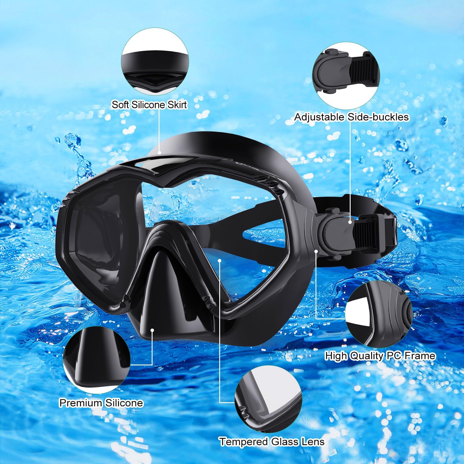 Dorlle Maschera Subacquea Adulti, Maschera Snorkeling in Vetro Temperato Maschera Panoramica Antiappannamento Con Ampia Visuale e Tubo Snorkel Premium Antigoccia per Giovani e Adulto