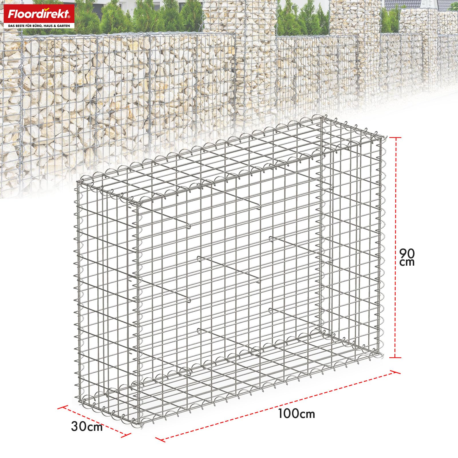 Floordirekt Gabione, Steinkorb aus Metall, 100x90x30 cm verzinkter Drahtkorb mit Maschenweite 5 x 10 cm, Steinmauer als Gartenzaun, Gabionengitter als Sichtschutz, Lenox