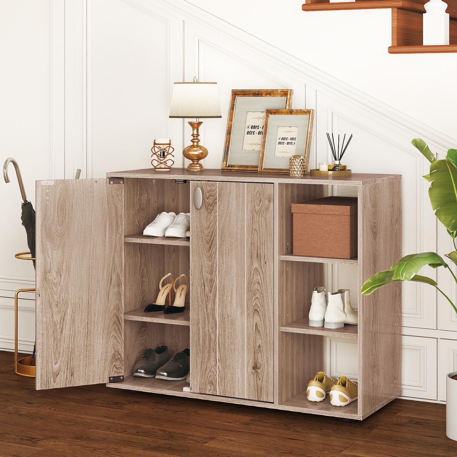 RELAX4LIFE Mobile Porta Scarpe, Organizer per Scarpe in Legno a 3 Ripiani con Ante e 3 Ripiani Regolabili, Moderno Mobile Scarpiera Autoportante per Ingresso, Corridoio, Soggiorno, Armadio (Naturale)