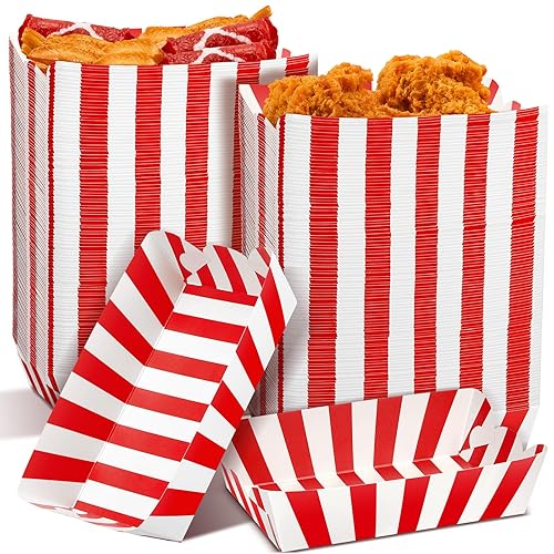 100 bandejas de papel a rayas para alimentos, botes de papel para alimentos, botes de papel para perros calientes, bandejas desechables para nachos,
