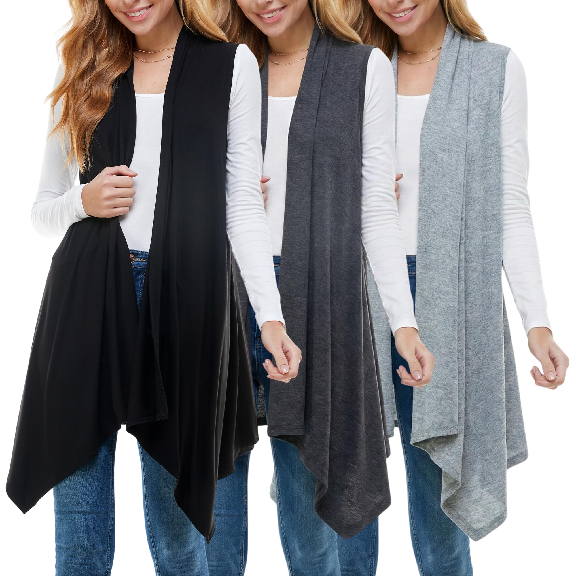 Azules Sleeveless Cardigan for Women, Soft Lightweight Duster Open Front Sleeveless Long Cardigan Vest (3 Pack)