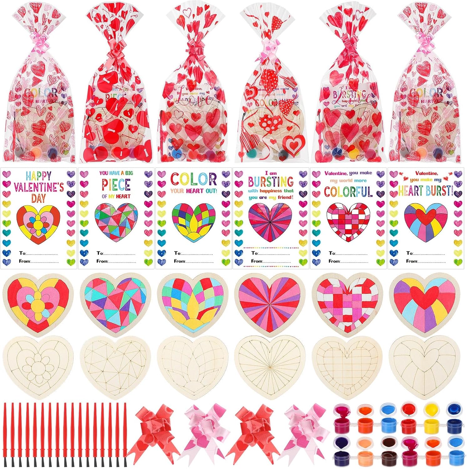 Pajean 24 Pack Valentines Painting DIY Craft Kits Wood Heart Painting Craft Kits with Valentines Day Exchange Cards Valentine's Exchange Gifts for School Classroom Party Bag Favors Gifts Fillers