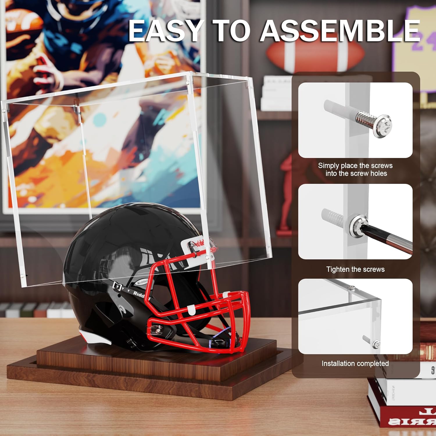 VGMiu Mini Helmet Display Case with Wood Base, Clear Acrylic Football Helmet Display Case Dustproof Box for Helmets, Sports Collectibles, Memorabilia Displays