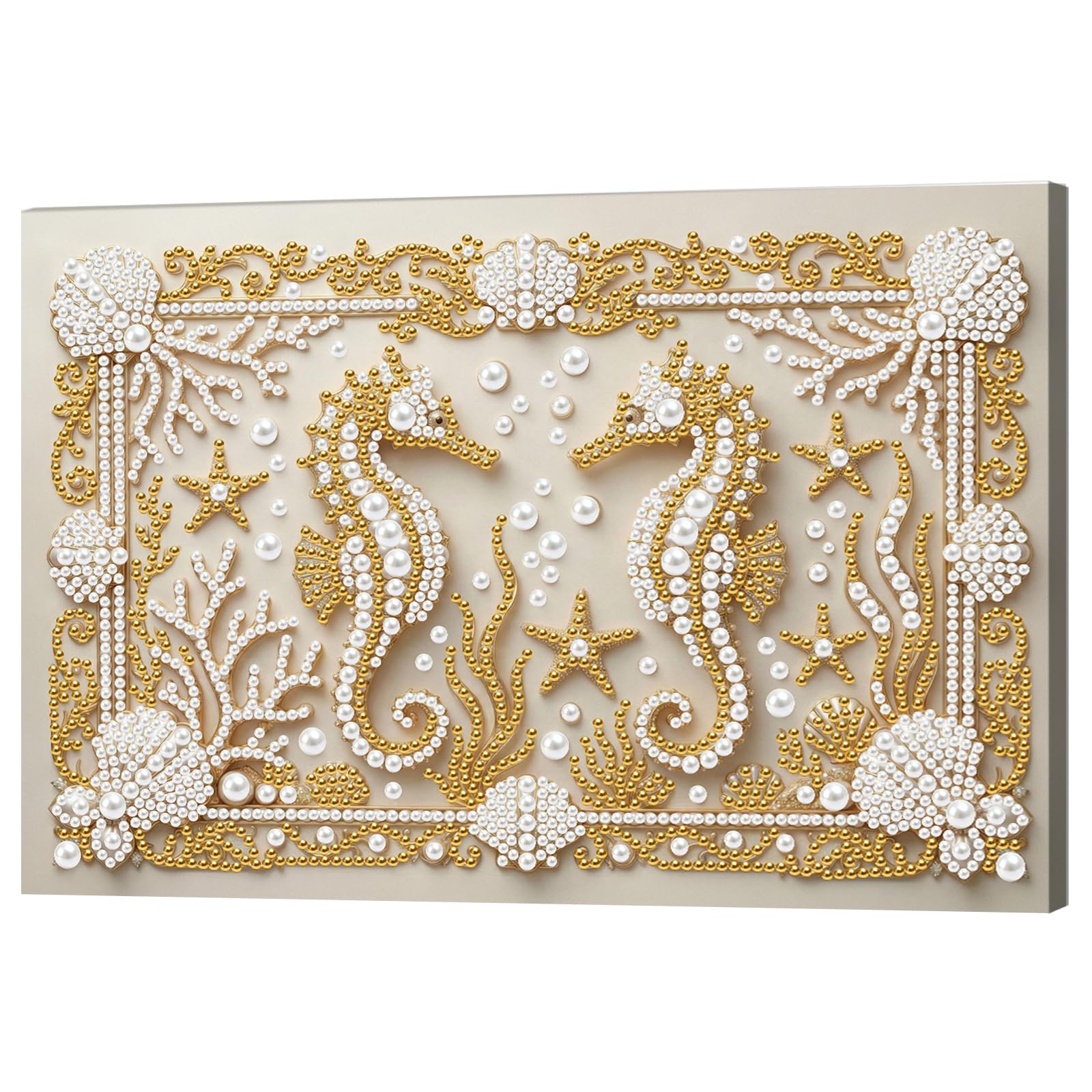 DIY Pearl Painting Kit with Wooden Frame, 3D Plastic Pearl Gemstone Ocean Art Craft for Adults Beginners, Diamond Dot Painting, Home Wall Decor Ready Gift for Women(Gold Seahorse)(20 * 30cm)