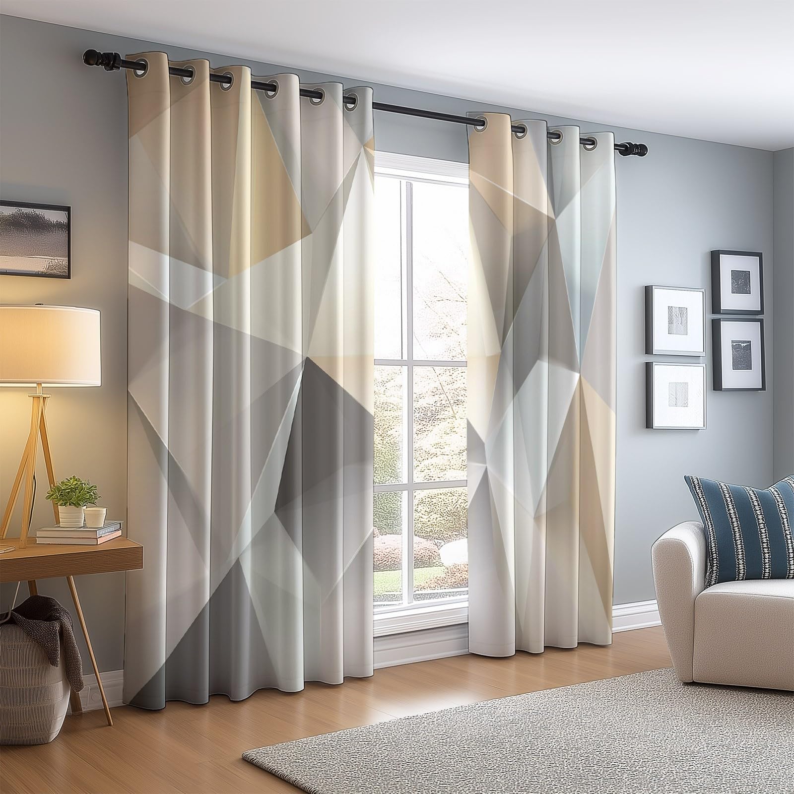 Rideaux Isolants 110L X 215H cm (2 Panneaux), Design Triangles Géométriques Abstraits Tenture Opaque Anti-Chaleur pour Chambre Principale, Gris Beige