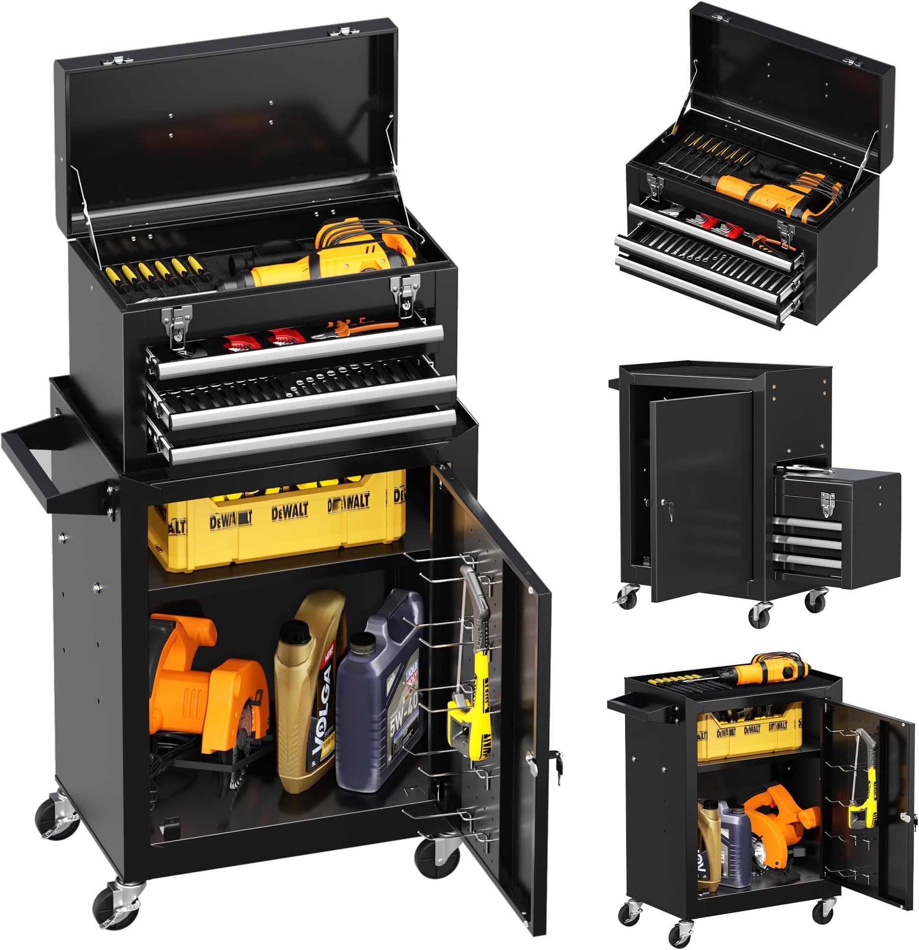 INTERGREAT Tool Chest, 3-Drawer Rolling Tool Storage Cabinet with Detachable Top Tool Box, Tool Chest with Universal Lockable Wheels, Metal Tool Cart for, Workshop, Barbershop, Black