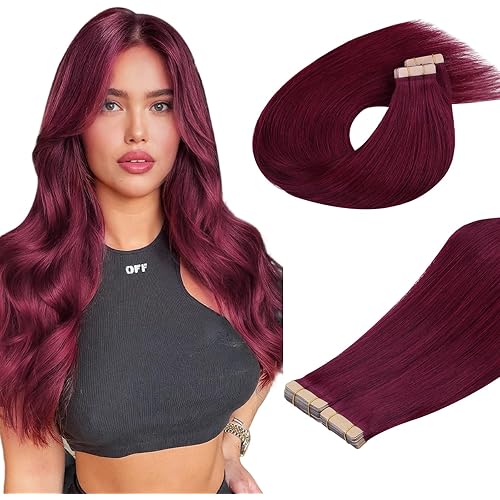 DOORES Human Hair Extensions Tape in, 26 Inch 120g 40pcs, Burgundy Tape in Extensions Human Hair Silky Straight Skin Weft Natural Hair Extensions Remy Hair
