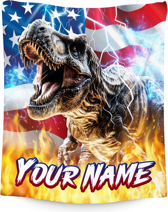Dinosaur Blanket - Personalized Blankets for Boys Men - Custom Gifts with Name - Soft Flannel Throw for Couch, Bed - 4 Sizes