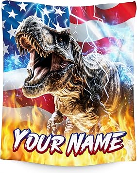 Dinosaur Blanket - Personalized Blankets for Boys Men - Custom Gifts with Name - Soft Flannel Throw for Couch, Bed - 4 Sizes