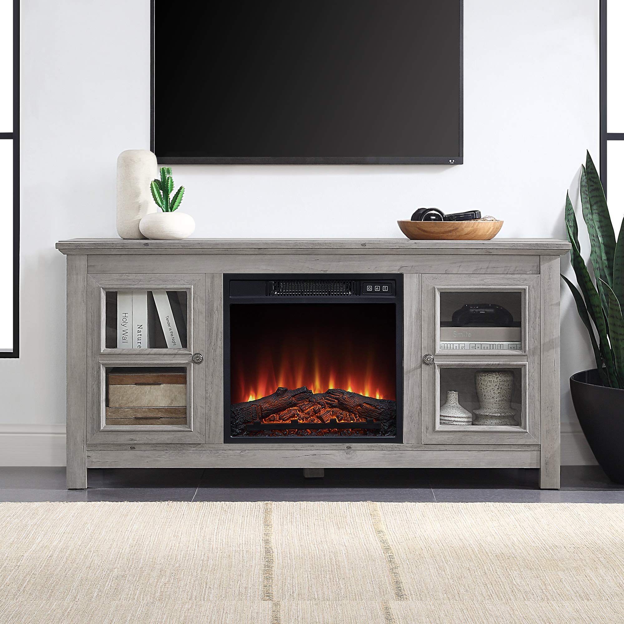 BELLEZE Modern 50 Inch Farmhouse Electric Fireplace TV Stand & Media