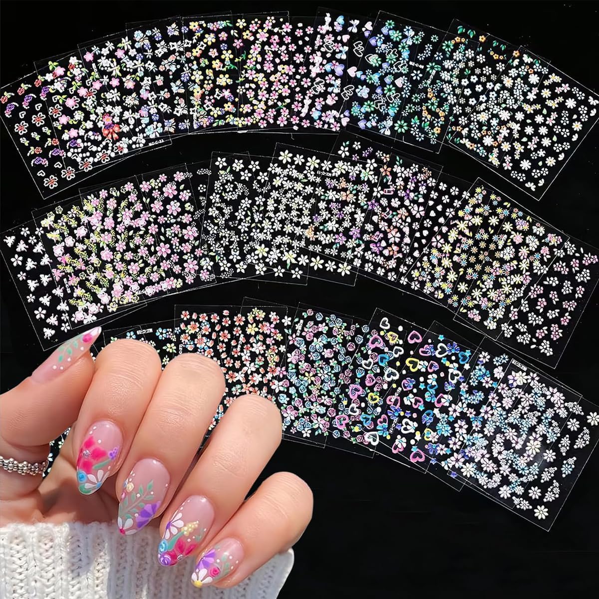 30 Sheets Floral Nail Art Stickers, Mini Daisy Self-Adhesive Decals with Colourful Embossed Designs for Gel Polish, Acrylic Nails and DIY Manicure-image-45
