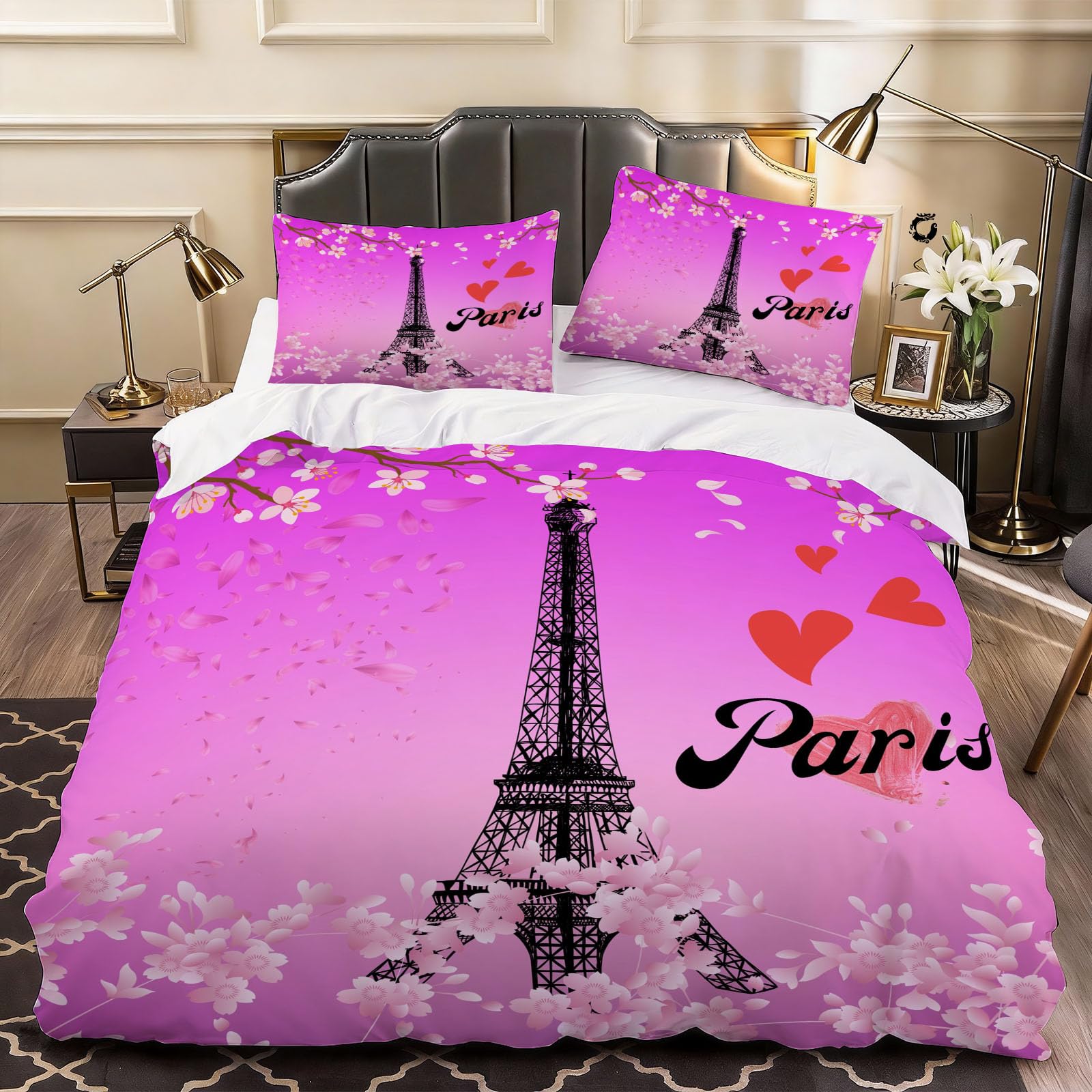 3D Eiffel Tower Duvet Cover Blossom Flowers Bedding Super King Bed Set, Soft Microfiber Comforter Cover Printed with Zipper Closure Quilt Coverr 260x220 cm and 2 Pillowcases