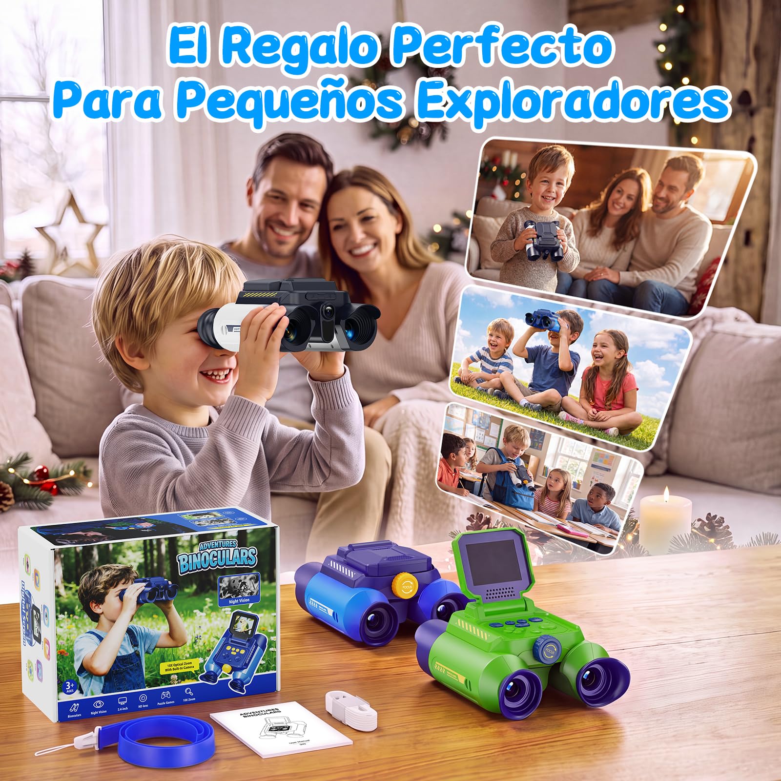 Prismaticos Niños Aventura Cámara, Prismaticos Vision Nocturna, Prismáticos de Juguete con Cámara-Fotos y Vídeos, Juegos Educativos, para Niños Acampadas, Senderismo, Exploración (Azul)