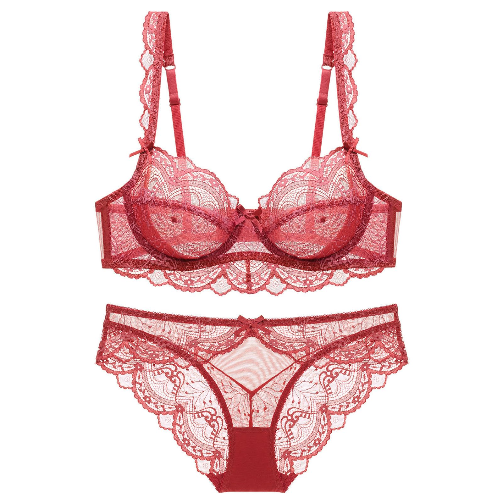 Reggiseni Set Lingerie E Slip in Pizzo, Reggiseno Push-up Puro Sexy, Traspirante Sottile, Taglie Forti -Rosso Anguria-38 85d