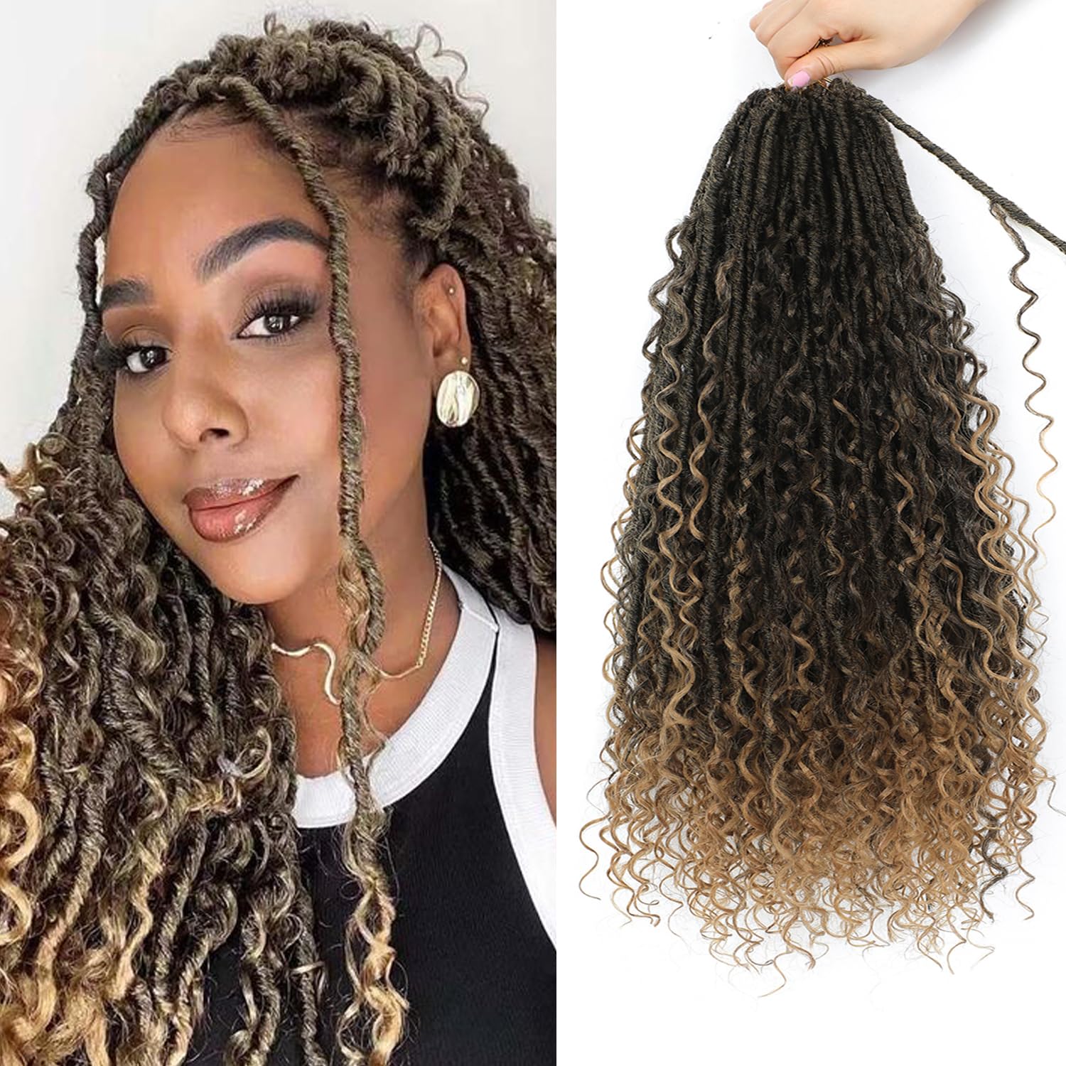 FANWYFYU 8 Packs Boho Faux Locs Crochet Hair 14 inch Goddess Locs Boho Soft Locs Crochet Hair with Curly Ends Pre-looped Long Bohemian River Locs Crochet Hair For Women (T27)